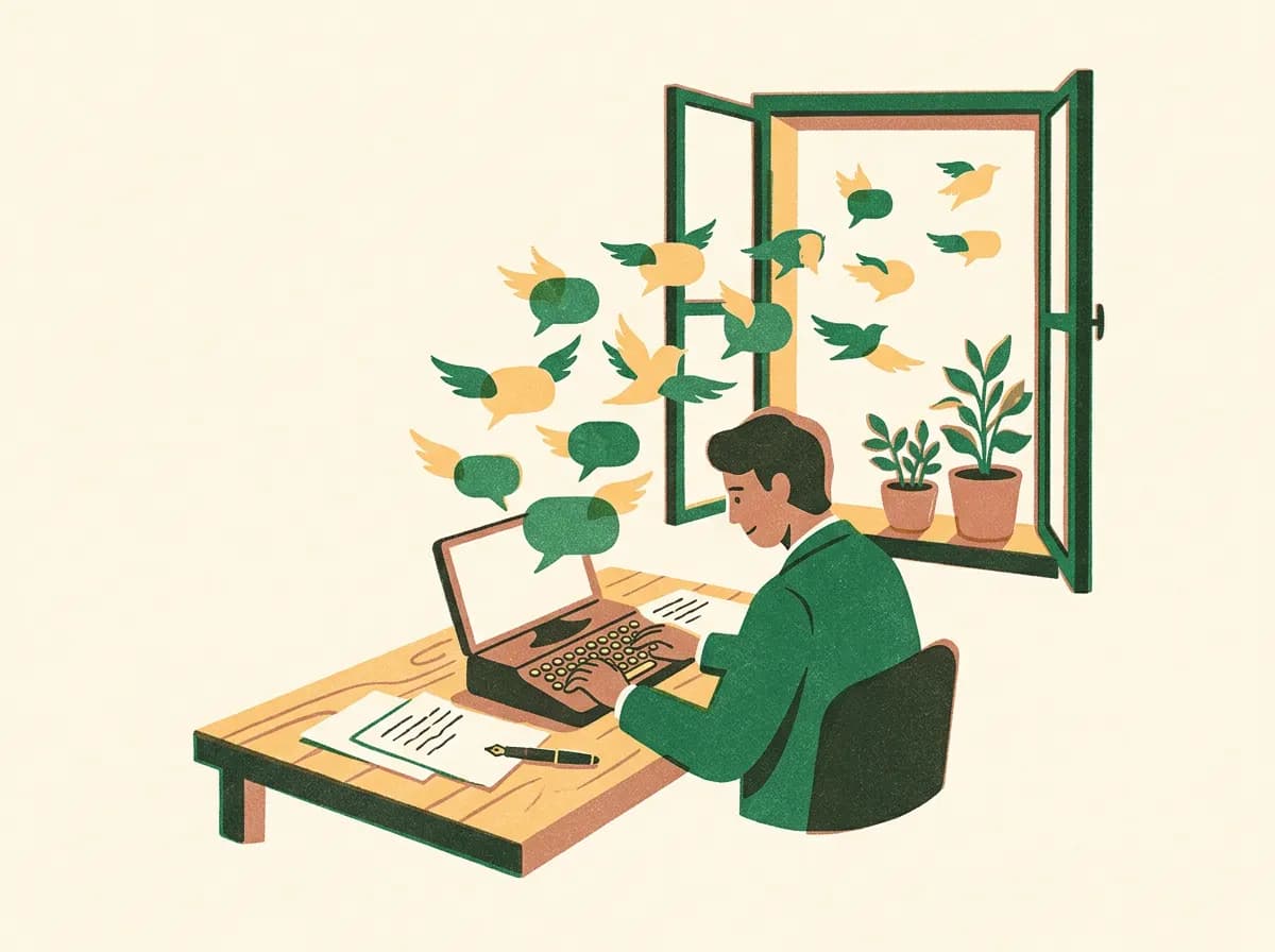 Illustration of a writer typing at a table by an open window while speech bubbles fly out like paper birds