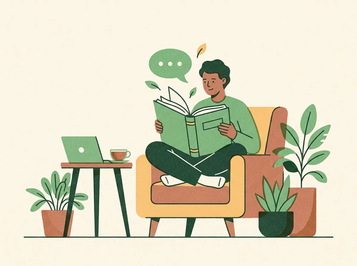 Illustration of a person in an armchair reading an open book while a speech bubble and leaves rise from its pages, with a laptop and a cup of tea nearby